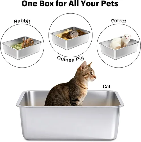 Miniatura 3 de Paquete de 2 cajas de arena para gatos de acero inoxidable con tapa, litterox extra grande para gatos grandes con lado alto, antiadherente, fácil