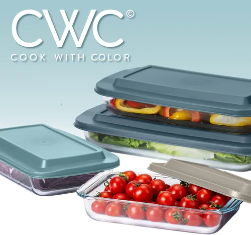Miniatura 9 de COOK WITH COLOR - Juego de 8 piezas de refractarios profundos de vidrio con tapas de plástico, para hornear y almacenar alimentos, aptos para Azul