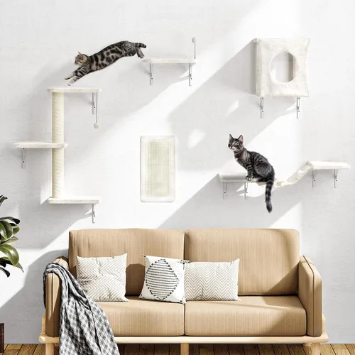 Miniatura 2 de NUNU LAB Juego de estantes de pared para gatos, 5 piezas, escalador de gato montado en la pared con casa para gatos, puente, poste rascador, hamaca