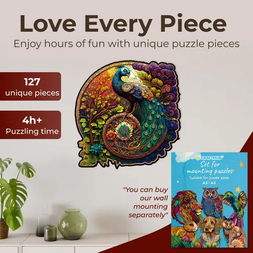 Miniatura 2 de CRAFTHUB Rompecabezas de Madera de Animales para Adultos – A3 Pavo Real Yin Yang con 127 Piezas – Rompecabezas con Formas de Animales Únicas – 10.6