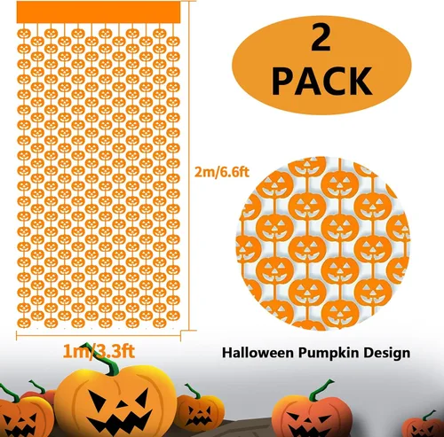 Miniatura 2 de Paquete de 2 cortinas de flecos metálicos de Halloween de 3.2 x 6.6 pies, cortinas de oropel en forma de calabaza naranja, accesorios para fotos