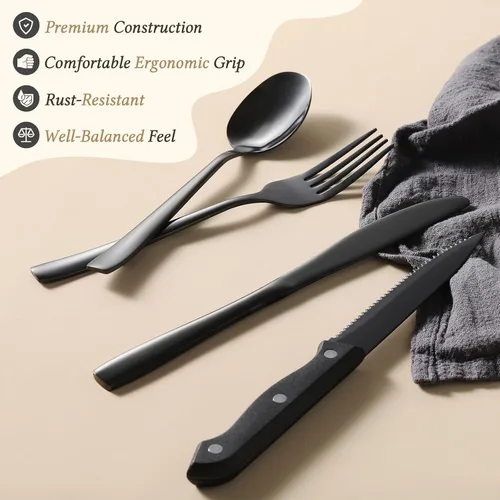 Miniatura 3 de Hiware Juego de cubiertos negros de 48 piezas para cubiertos de acero inoxidable 18/10 con tenedores, cuchillos, cucharas, cuchillos para carne