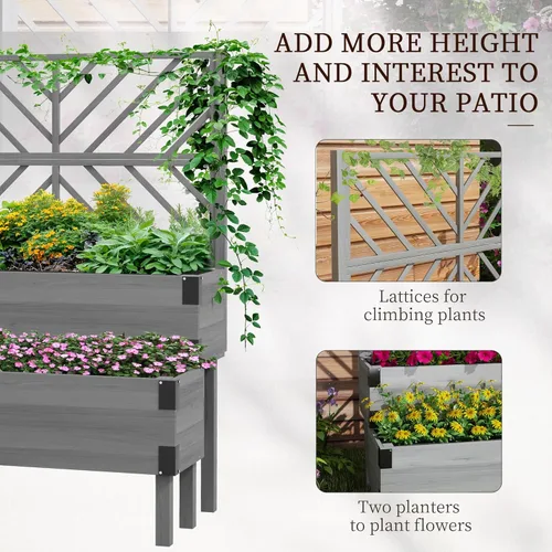 Miniatura 3 de Outsunny Cama de jardín elevada de 2 niveles con enrejado, maceta elevada de madera con agujeros de drenaje, forros, esquinas de metal, maceta Gris