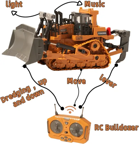 Miniatura 3 de Bulldozer RC de 9 canales con luces y sonido, niveladora de control remoto de construcción, vehículos pesados, juguetes topadores para adultos