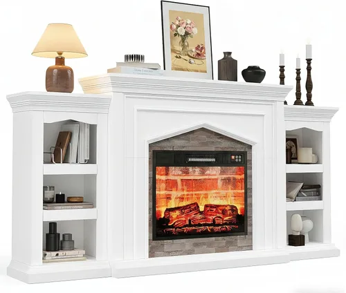 Miniatura 13 de LGHM - Soporte de TV con chimenea de 72 pulgadas para televisores de hasta 80 pulgadas, chimenea eléctrica con repisa, centro de entretenimiento