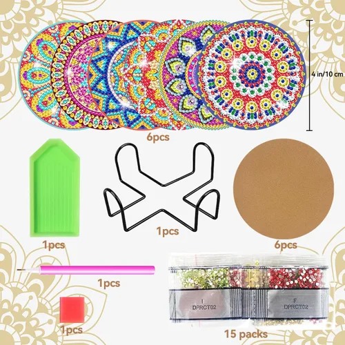 Miniatura 6 de Vcekract Posavasos de pintura de diamante, 6 posavasos de mandala con soporte, kits de manualidades para posavasos de bricolaje, kits de proyectos
