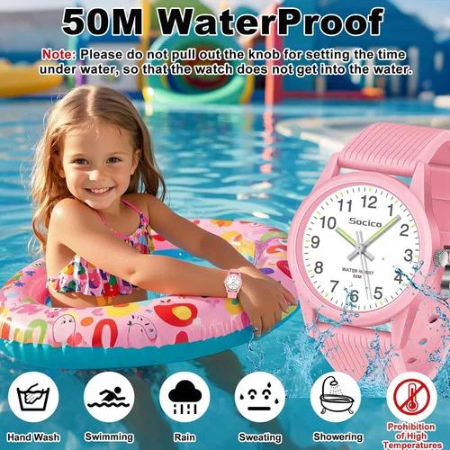 Miniatura 2 de SOCICO Reloj analógico para niños y niñas, reloj de aprendizaje fácil de leer, resistente al agua 50M, reloj de pulsera de banda suave para edades