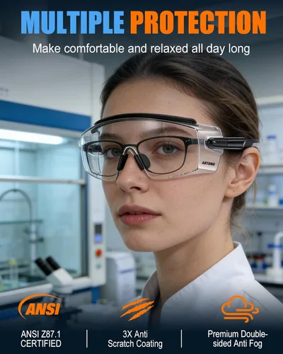 Miniatura 5 de Gafas de Seguridad Sobre Anteojos — Gafas de Seguridad Certificadas ANSI Z87.1 con Lentes Envolventes Transparentes UV380 Antivaho y Antirrayaduras