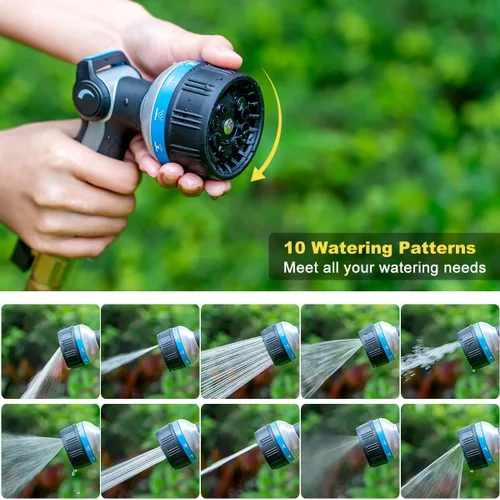 Miniatura 5 de FANHAO Boquilla de manguera de jardín resistente, rociador de manguera de agua de metal con 10 patrones de pulverización, control de pulgar, válvula