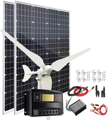 Kit de energía eólica solar de 340 W. Sistema de carga de batería: generador de turbina eólica de 100 W + 2 paneles solares monocristalinos de 120 W