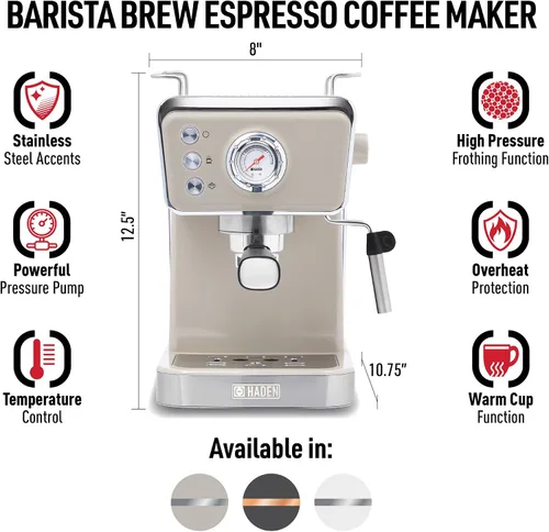 Miniatura 8 de HADEN Barista Brew - Cafetera de café expreso, de acero inoxidable con espumador de leche y vaporizador y tanque de agua de 1.5 L, masilla y cobre