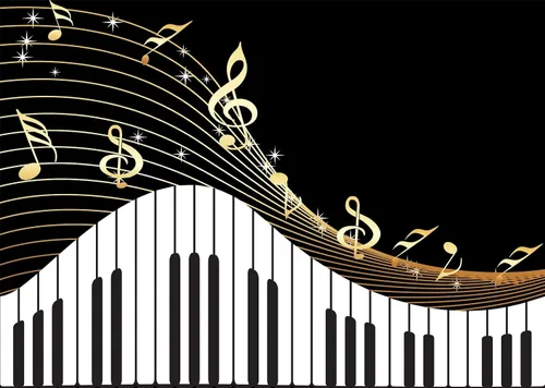 BELECO Telón de fondo de música de piano de tela de 5 x 3 pies, teclas de notas musicales, teclas negras y doradas, fondo de fotografía, teclado de