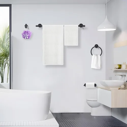 Miniatura 6 de Juego de accesorios de baño negro mate de 4 piezas, juego de toallero de acero inoxidable montado en la pared, incluye toalla de mano de 24