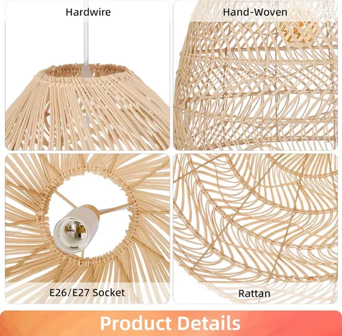 Miniatura 7 de Arturesthome Lámpara colgante de ratán, lámpara de mimbre estilo bohemio, cesta de techo, lámpara colgante grande de tejido natural para fregadero