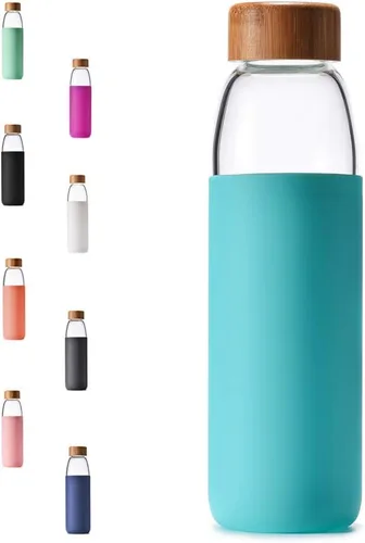 Miniatura 13 de Botellas de agua de vidrio de borosilicato de 25 onzas con tapa de bambú, sin BPA, funda de silicona antideslizante y tapa a prueba de fugas de Azul