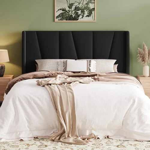 Allewie Marco de Cama de Plataforma de Terciopelo Tamaño Queen con Cabecera Wingback Geométrica, Cama Tapizada Boho con Soporte de Listones de Negro