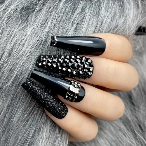 Miniatura 2 de 24 uñas postizas brillantes con diseños de longitud larga, uñas de boda a presión para novia, uñas acrílicas nude, ataúd a presión con diamantes