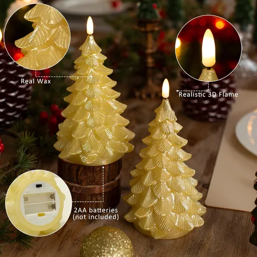 Miniatura 6 de LUSHARBOR Velas sin llama con control remoto y temporizador, pack de 2 Velas de árbol de Navidad, velas LED operadas por batería, de cera real