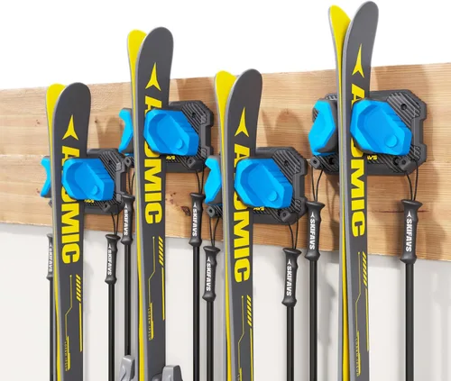 Miniatura 13 de Estante de pared de esquí y snowboard para garaje, se adapta a cualquier tabla, soportes de montaje en pared, almacenamiento sin daños, organizador