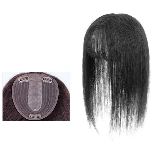 Miniatura 8 de LXUE Parte superior de cabello humano con base de seda natural para mujeres con cabello gris y delgado, parte superior de base de 5 x 5.5 pulgadas