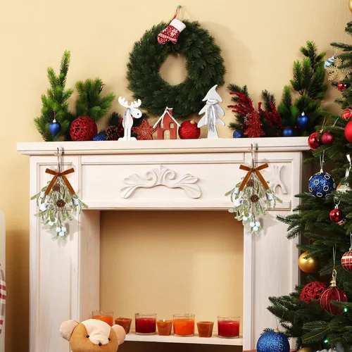Miniatura 4 de Giegxin 1 pieza Adorno de Navidad Artificial de Muérdago Colgante con Lazo Rojo Bouquet de Adornos Colgantes de Navidad Floral con Piñas Naturales