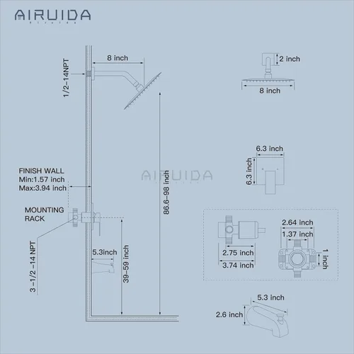 Miniatura 6 de Airuida Juego de Grifería de Ducha con Caño de Bañera Kit de Grifería de Bañera Kit Completo de Acabados de Ducha y Bañera con Válvula de Negro mate
