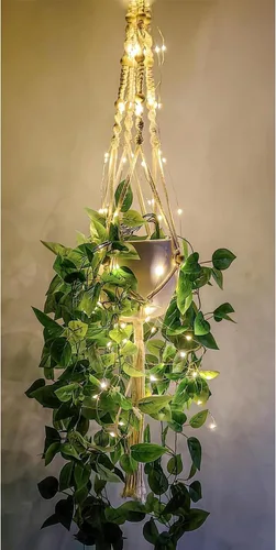 Miniatura 9 de Paquete de 2 colgadores de macramé para plantas con luces, cesta colgante para macetas de interior con cuentas de madera, soporte para macetas