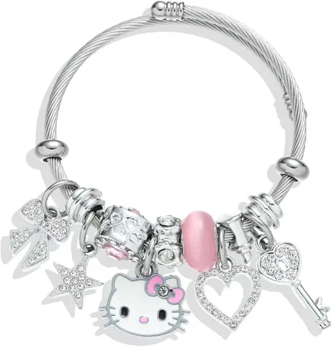 Kueeger Pulseras Kawaii con caja de joyería, pulsera ajustable de acero inoxidable, accesorios de dibujos animados de anime, regalos para mujeres y