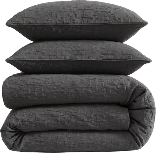 Miniatura 4 de HiEnd Accents Porto Matelassé - Juego de edredón de 3 piezas con fundas de almohada, tamaño Queen, algodón gris carbón texturizado, moderno