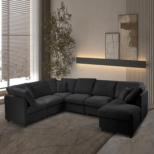 Miniatura 10 de Sofá modular de 117 pulgadas, sofá modular de felpilla en forma de U con otomana móvil, moderno sofá modular de 7 asientos para sala de estar, Beige