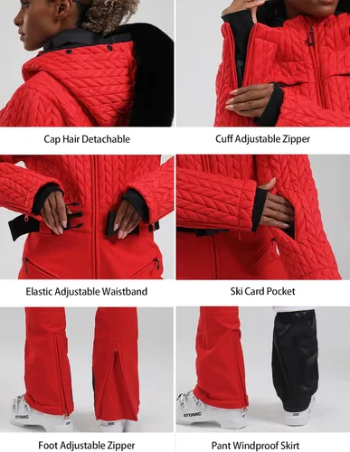 Miniatura 48 de GSOU SNOW Traje de esquí para mujer, traje de nieve delgado de una pieza, chaqueta de nieve, impermeable, resistente al viento, deportes al aire