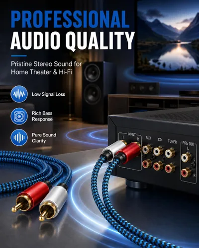 Miniatura 4 de Cable RCA de 5 pies/4.9 ft 2RCA macho a 2RCA macho cable de audio estéreo trenzado de nailon cable de audio auxiliar para cine en casa