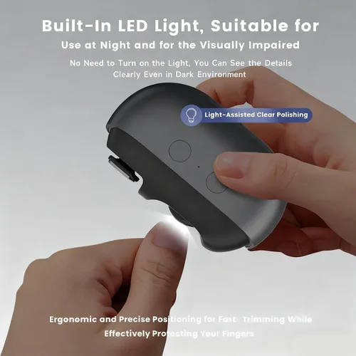 Miniatura 5 de Cortaúñas eléctrico gris con luz LED, recortador de uñas inteligente recargable por USB, cortador automático 3 en 1 para uñas gruesas, diseño
