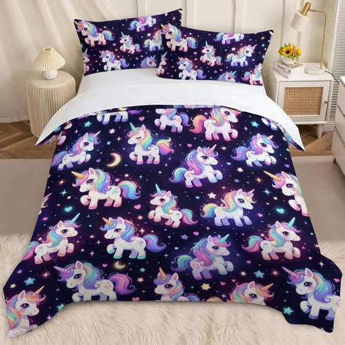 Miniatura 25 de BEDMUST Funda de edredón de unicornio tamaño individual, suave y lindo juego de ropa de cama de unicornio rosa con hojas de flores y pájaros azules