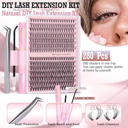 Miniatura 2 de FANXITON Kit de extensiones de pestañas naturales para colocar tú misma, pestañas en racimo individuales D 20D+30D, 280 unidades, kit de extensiones