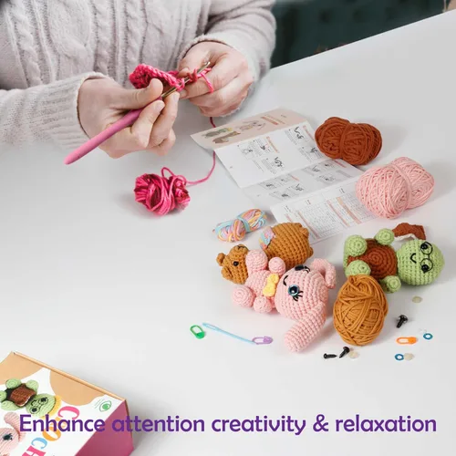 Miniatura 6 de Kit de ganchillo para aprender A-URA para principiantes niños y adultos, kits de ganchillo premium de 3 patrones de animales de gran