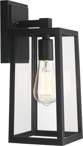 Emliviar WE212B BK - Farol de pared para exteriores, 13.8 pulgadas, 1 luz exterior para porche en acabado negro con vidrio transparente, WE212B BK