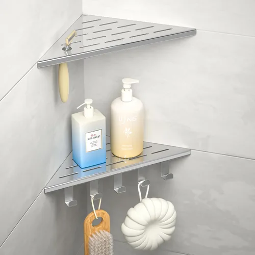 Miniatura 9 de Estante esquinero de ducha de 10 pulgadas, estantes de acero inoxidable 304 para baño, estante de lechada con ganchos para pared de azulejos