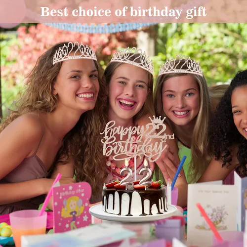Miniatura 6 de Decoraciones de cumpleaños de 22 años para mujer, que incluyen banda y tiara, adorno para pastel y velas; regalos de cumpleaños de 22 años