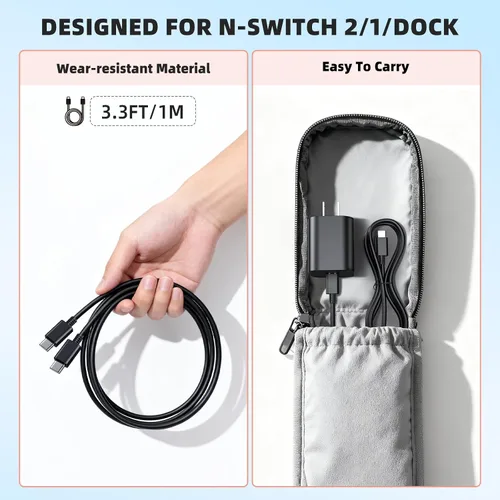 Miniatura 4 de Cargador Switch 2 - Adaptador de CA de 60W para Nintendo 2 (2025)/Nintendo 1, Cable de carga de 3.3 (1M) pies, Soporte de modo de acoplamiento