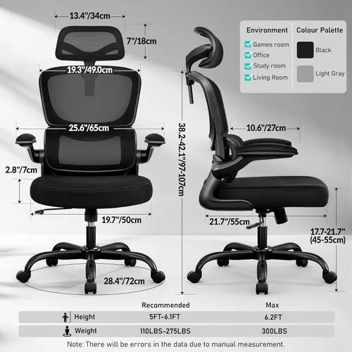 Miniatura 2 de BESTFAIR Silla de oficina ergonómica de respaldo alto, silla de escritorio de malla transpirable con soporte lumbar, reposacabezas ajustable, Negro