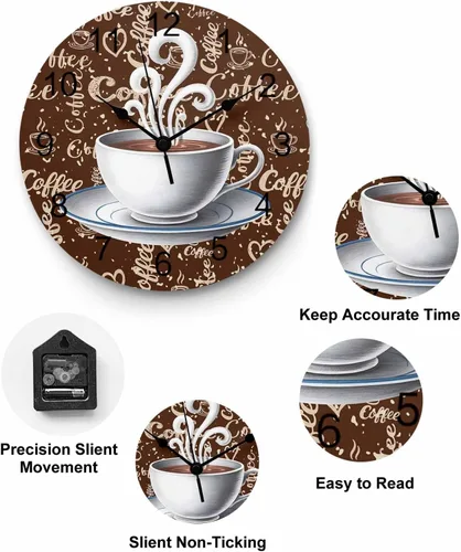 Miniatura 4 de Wall Clock Coffee Cup Clocks PVC Silent Non-Ticking Battery Operated Decorative Retro Brown Cafe Round Clock for Home Living Room Kitchen Bedroom