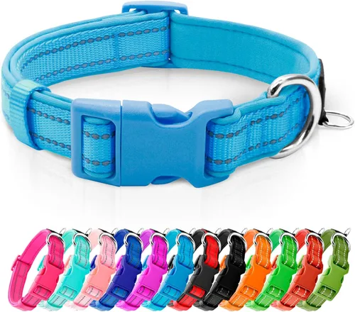 Miniatura 11 de azuza Collar reflectante para perro, de neopreno suave acolchado con anillo para etiqueta de identificación, ajustable para perros pequeños, azul