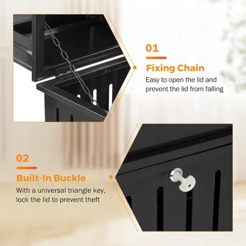 Miniatura 5 de BEAMNOVA Cubo de basura negro para exteriores, bandeja superior de acero inoxidable con tapa de bloqueo, contenedor de basura industrial resistente