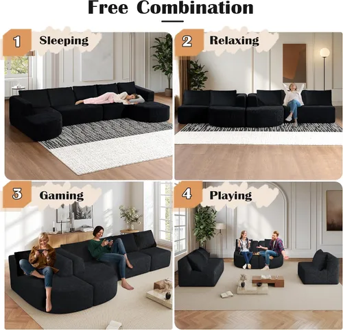 Miniatura 5 de Sofá modular modular de 144 pulgadas, sofá de nube en forma de U de gran tamaño, color negro No Assembly Required • 22" Deep Memory Foam Seat •