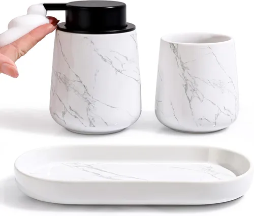 Miniatura 8 de BosilunLife Juego de accesorios de baño 3 piezas - Juego de dispensador de jabón con espuma de cerámica para baño, decoración de baño estilo casa
