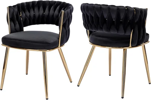 Miniatura 19 de Juego de 2 sillas de comedor tejidas, modernas sillas de comedor tejidas a mano con patas de metal negro, sillas tapizadas con marco negro