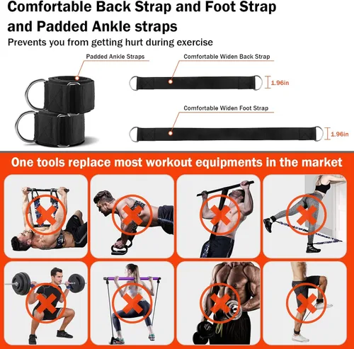 Miniatura 3 de DASKING Juego de bandas de resistencia portátiles para gimnasio en casa con 8 bandas antiroturas, barra de pilates desmontable de 500 libras,