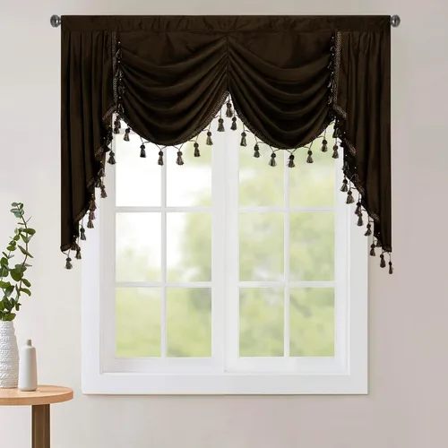 Miniatura 58 de StangH Cortinas decorativas de lujo, cenefa azul con bloqueo de luz, cenefa festoneada para ventana pequeña con bolsillo sólido para barra, cortina