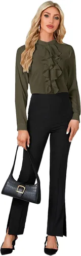 Miniatura 6 de LYANER - Blusa de cuello alto con botones, volantes en el frente, manga larga, camisa de trabajo para mujer